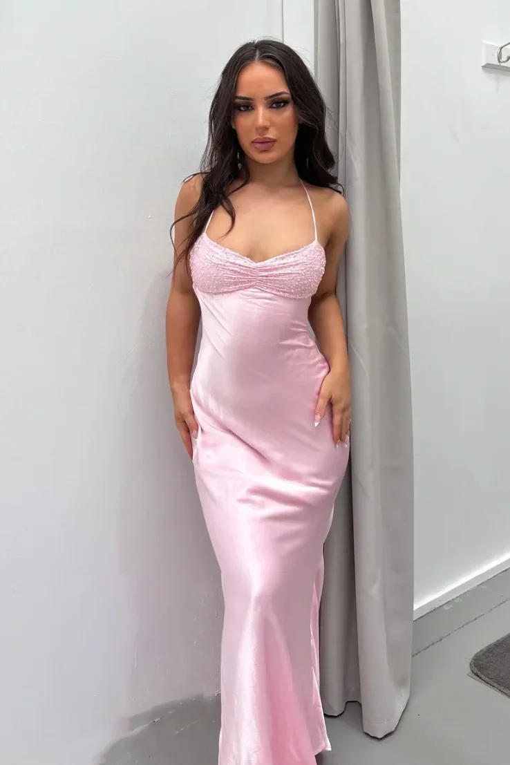 Robe de bal longue et simple, robe de soirée rose fg1421