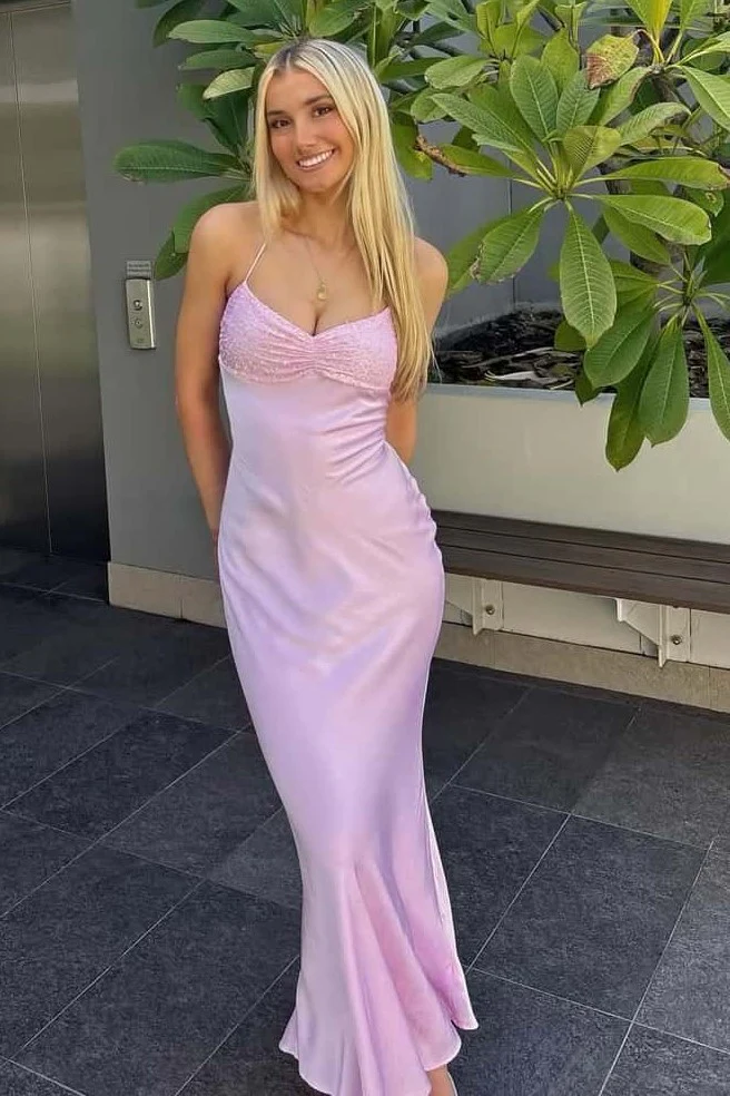 Robe de bal longue et simple, robe de soirée rose fg1421