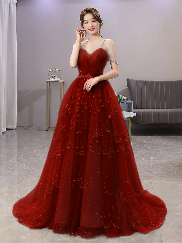 Wunderschönes Ballkleid aus Tüll mit Spaghettiträgern in Blau, glitzerndes Kleid mit Perlenbesatz fg4000
