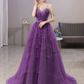 Wunderschönes Ballkleid aus Tüll mit Spaghettiträgern in Blau, glitzerndes Kleid mit Perlenbesatz fg4000