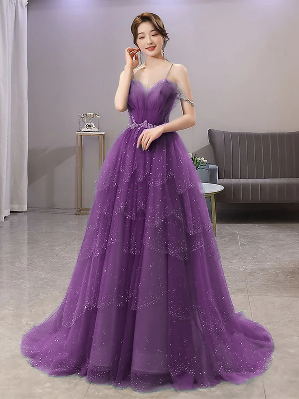 Wunderschönes Ballkleid aus Tüll mit Spaghettiträgern in Blau, glitzerndes Kleid mit Perlenbesatz fg4000