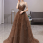 Wunderschönes Ballkleid aus Tüll mit Spaghettiträgern in Blau, glitzerndes Kleid mit Perlenbesatz fg4000