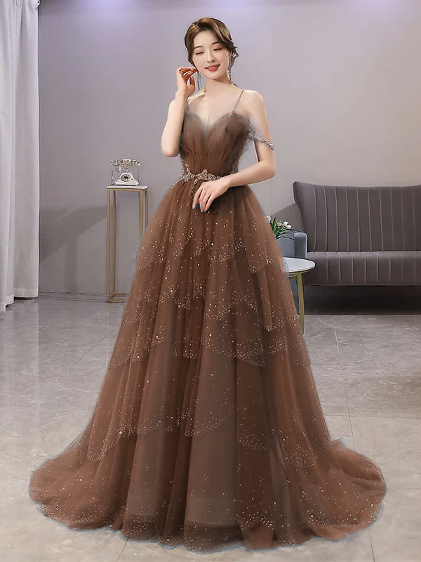 Wunderschönes Ballkleid aus Tüll mit Spaghettiträgern in Blau, glitzerndes Kleid mit Perlenbesatz fg4000