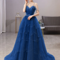 Wunderschönes Ballkleid aus Tüll mit Spaghettiträgern in Blau, glitzerndes Kleid mit Perlenbesatz fg4000
