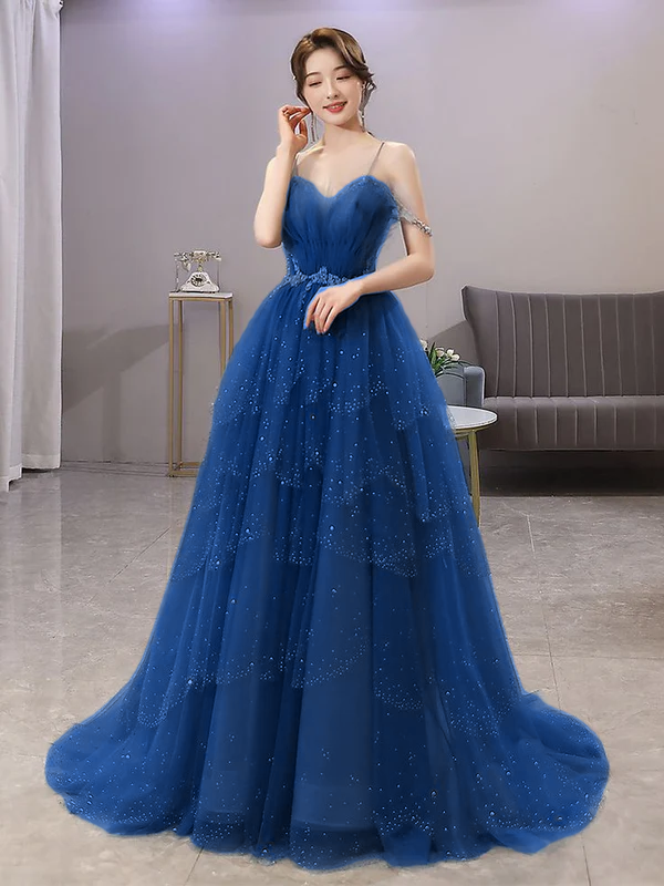 Wunderschönes Ballkleid aus Tüll mit Spaghettiträgern in Blau, glitzerndes Kleid mit Perlenbesatz fg4000