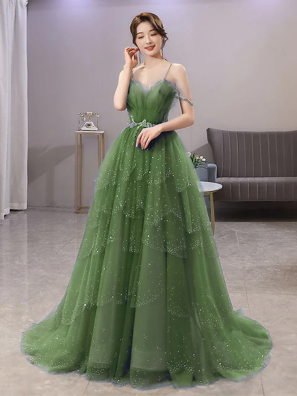 Wunderschönes Ballkleid aus Tüll mit Spaghettiträgern in Blau, glitzerndes Kleid mit Perlenbesatz fg4000