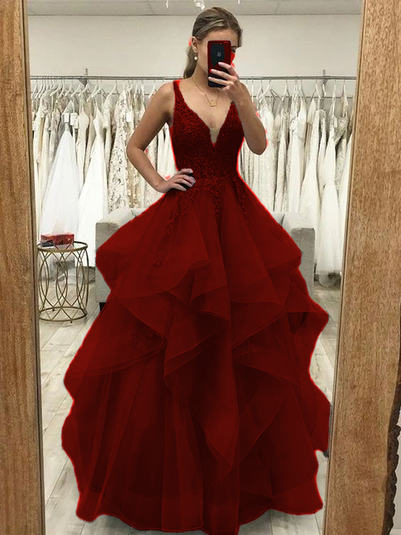A-Linie/Princess-Linie Tüll Applikationen V-Ausschnitt Ärmellos Bodenlang Kleider Ballkleid fg4509