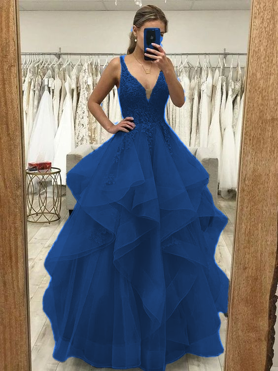 A-Linie/Princess-Linie Tüll Applikationen V-Ausschnitt Ärmellos Bodenlang Kleider Ballkleid fg4509