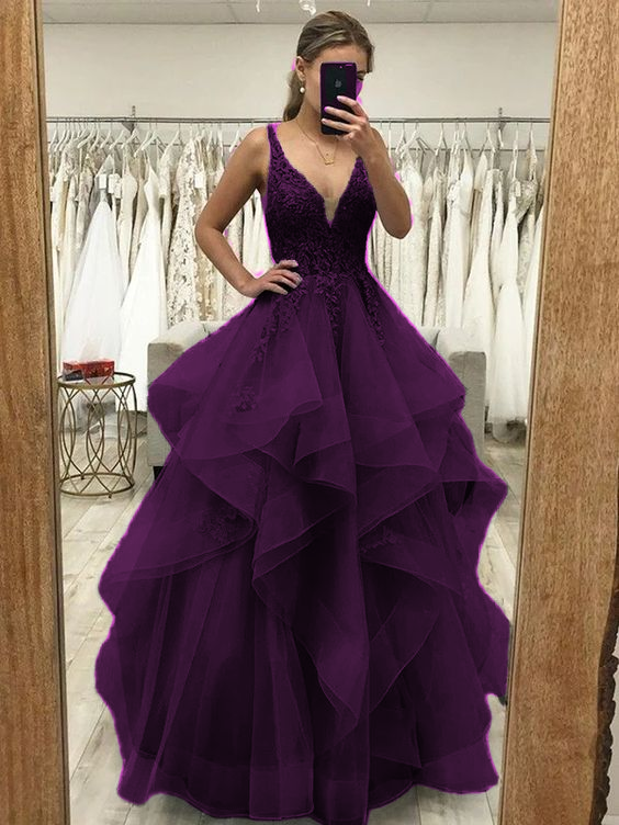 A-Linie/Princess-Linie Tüll Applikationen V-Ausschnitt Ärmellos Bodenlang Kleider Ballkleid fg4509