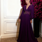 Fuchsia Chiffon Ballkleider Schlichtes Abendkleid Lange Puffärmel V-Ausschnitt Schlitz A-Linie Partykleider fg4859