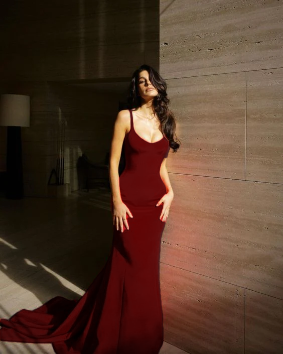 Sexy Meerjungfrau Spaghettiträger Rot Ballkleid Hochzeitsgast Kleider fg5028