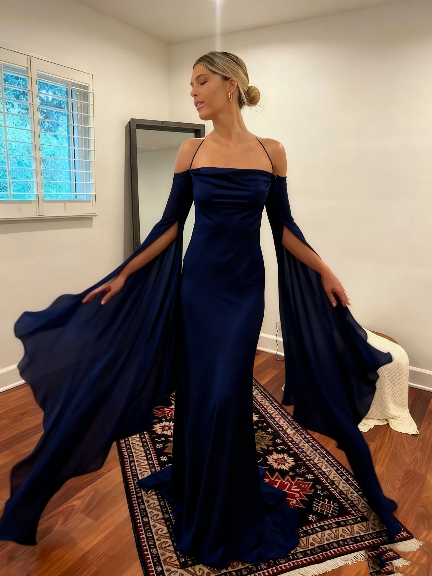 Wedding Dresses Soft Satin Long Floor Length Open Back Simple Bridal Gown With Detachable Flare Sleeves       fg6409