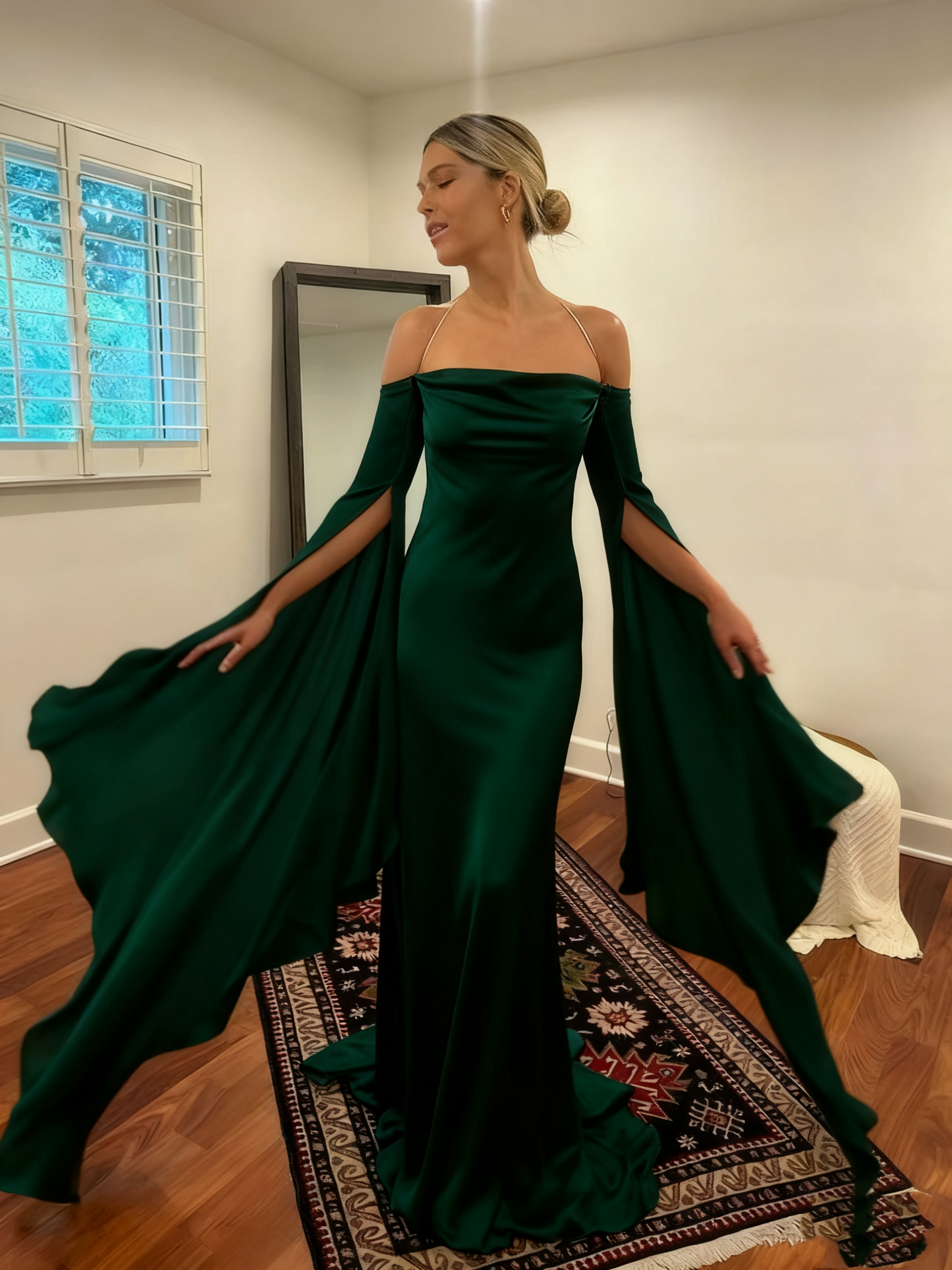 Wedding Dresses Soft Satin Long Floor Length Open Back Simple Bridal Gown With Detachable Flare Sleeves       fg6409