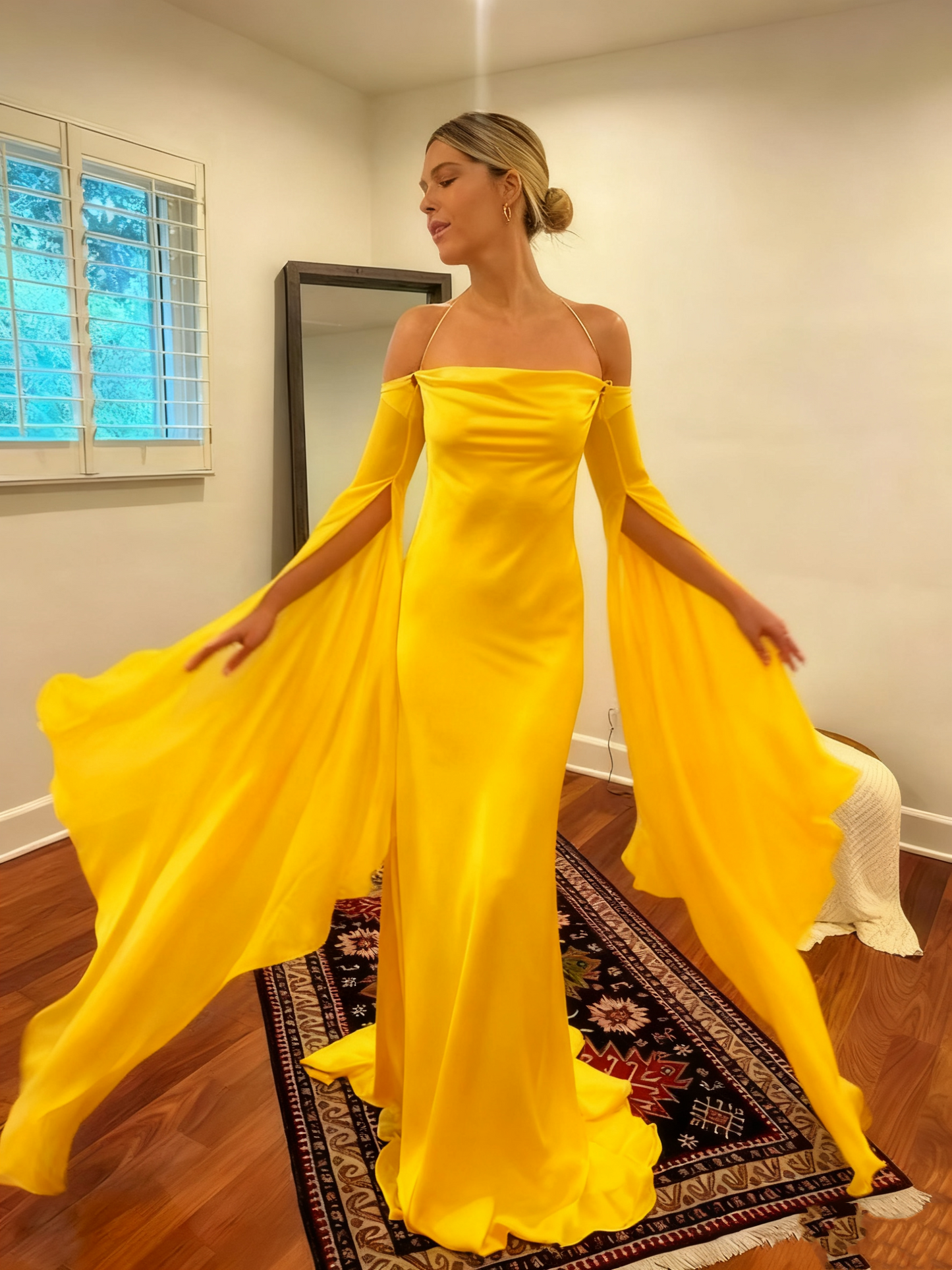 Wedding Dresses Soft Satin Long Floor Length Open Back Simple Bridal Gown With Detachable Flare Sleeves       fg6409