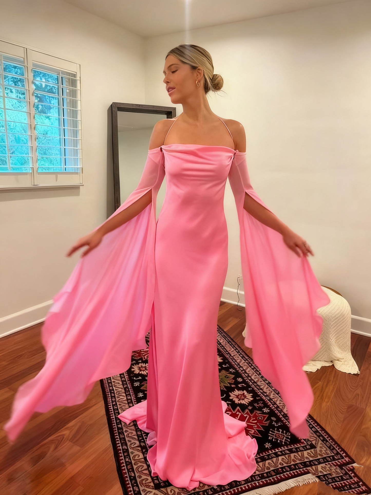 Wedding Dresses Soft Satin Long Floor Length Open Back Simple Bridal Gown With Detachable Flare Sleeves       fg6409