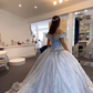 Robe de bal bleu clair à épaules dénudées et coupe trapèze fg6547