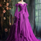 Purple Custom Dress Long Sleeve Floral Applique A-Line Long Evening Dress     fg7191