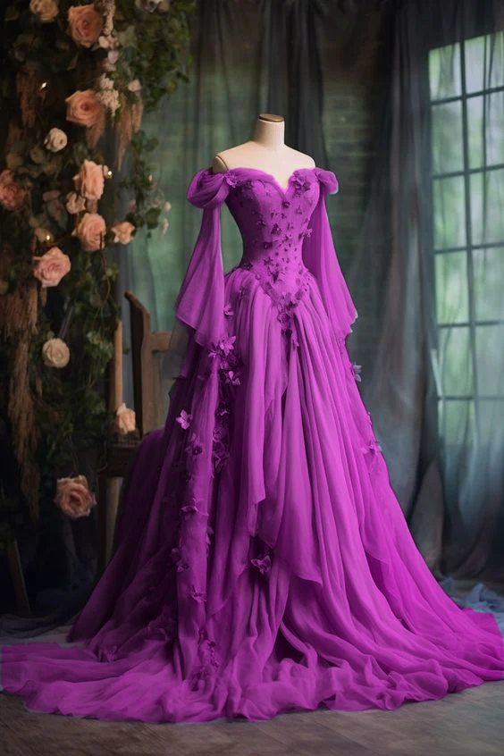 Purple Custom Dress Long Sleeve Floral Applique A-Line Long Evening Dress     fg7191