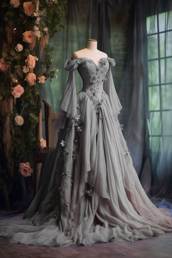Purple Custom Dress Long Sleeve Floral Applique A-Line Long Evening Dress     fg7191
