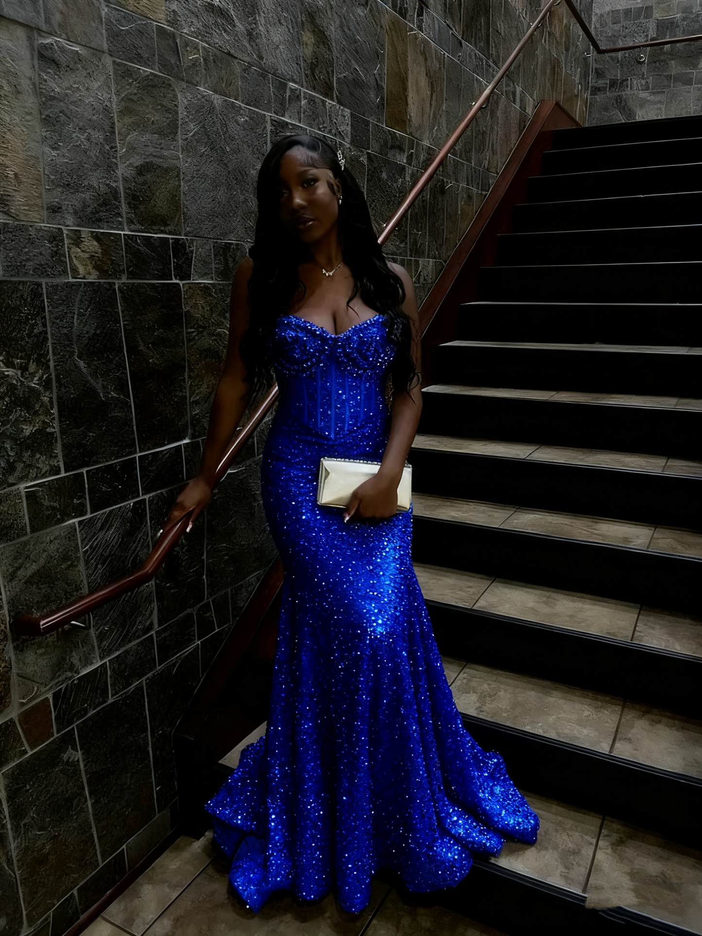 Gold Sequin Mermaid Long Prom Gown Evening Dress    fg7393