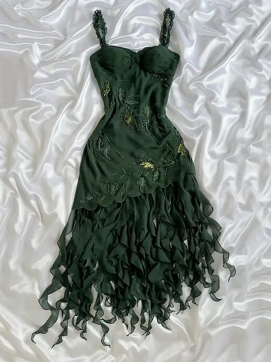 Dark Green Chiffon Ruffle Prom Dress Formal Dress Evening Party Dresses  fg7783