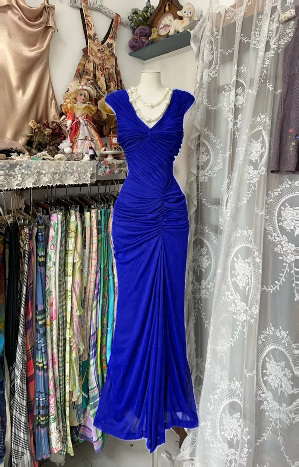 Robe de soirée longue bleu marine à plis style sirène, style vintage, fg8038