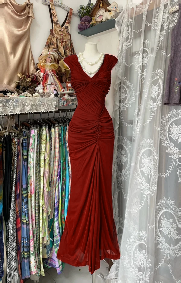 Robe de soirée longue bleu marine à plis style sirène, style vintage, fg8038
