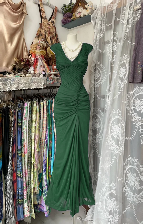 Robe de soirée longue bleu marine à plis style sirène, style vintage, fg8038
