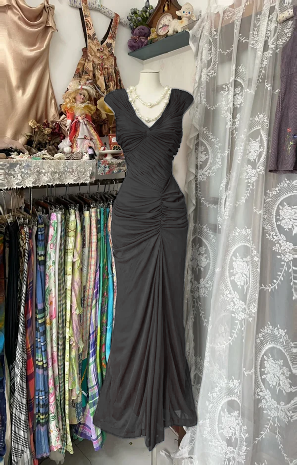 Robe de soirée longue bleu marine à plis style sirène, style vintage, fg8038