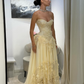 Gelbes A-Linien-Abendkleid mit herzförmigem Ausschnitt und Applikationen, lang, fg8222