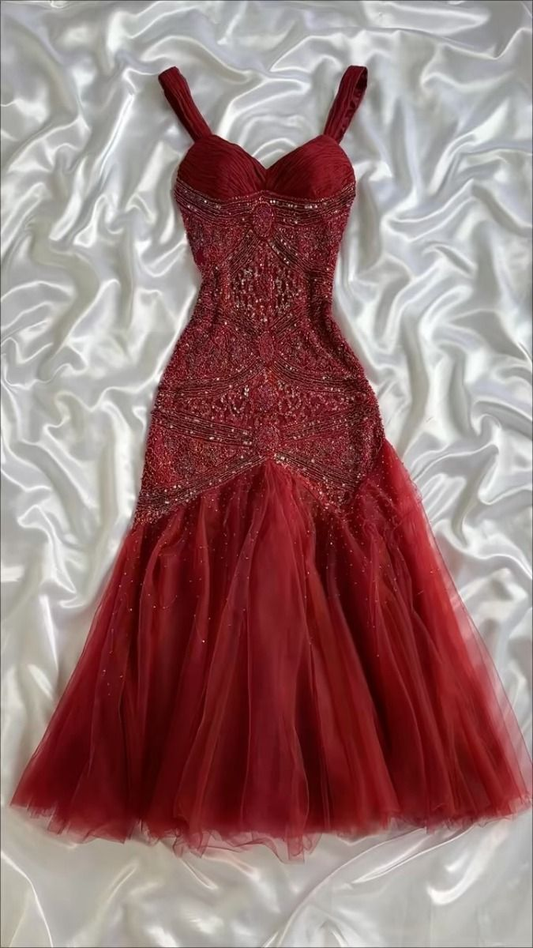 Red Vintage Dress Long Prom Dress Beaded Red Outfit fg8235