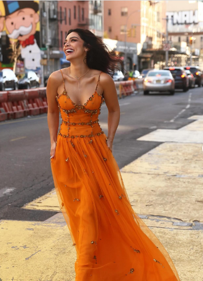 Perlenbesetztes orangefarbenes Vintage-Tüll-Ballkleid zum 21. Geburtstag, Outfit, Abendkleid fg8236