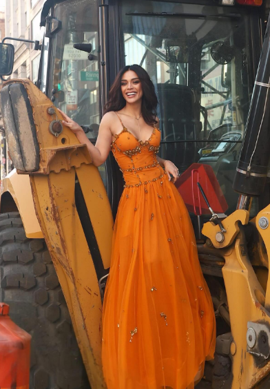 Perlenbesetztes orangefarbenes Vintage-Tüll-Ballkleid zum 21. Geburtstag, Outfit, Abendkleid fg8236