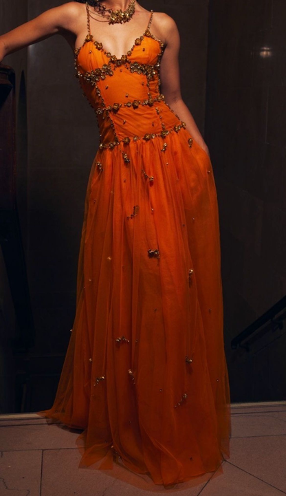 Perlenbesetztes orangefarbenes Vintage-Tüll-Ballkleid zum 21. Geburtstag, Outfit, Abendkleid fg8236