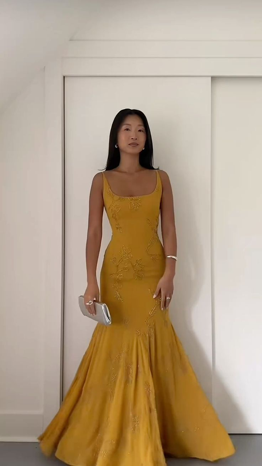 Sexy Yellow Long Prom Dress Beaded Mermaid Evening Dress fg8244