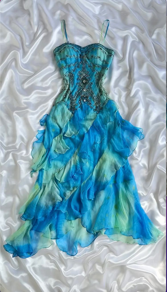 Blue Vintage Long Prom Dress Beaded Evening Party Dress 21st Birthday Outfit fg8247
