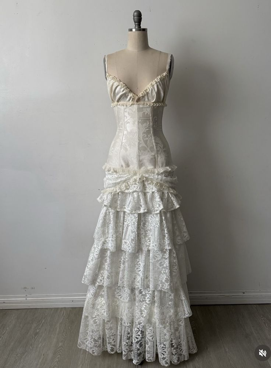 White Lace Wedding Dress Elegant Long Prom Dress fg8248