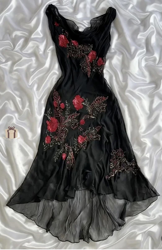 Black Long Prom Dress With Beaded Flower Retro Charming Evening Dress  fg8263