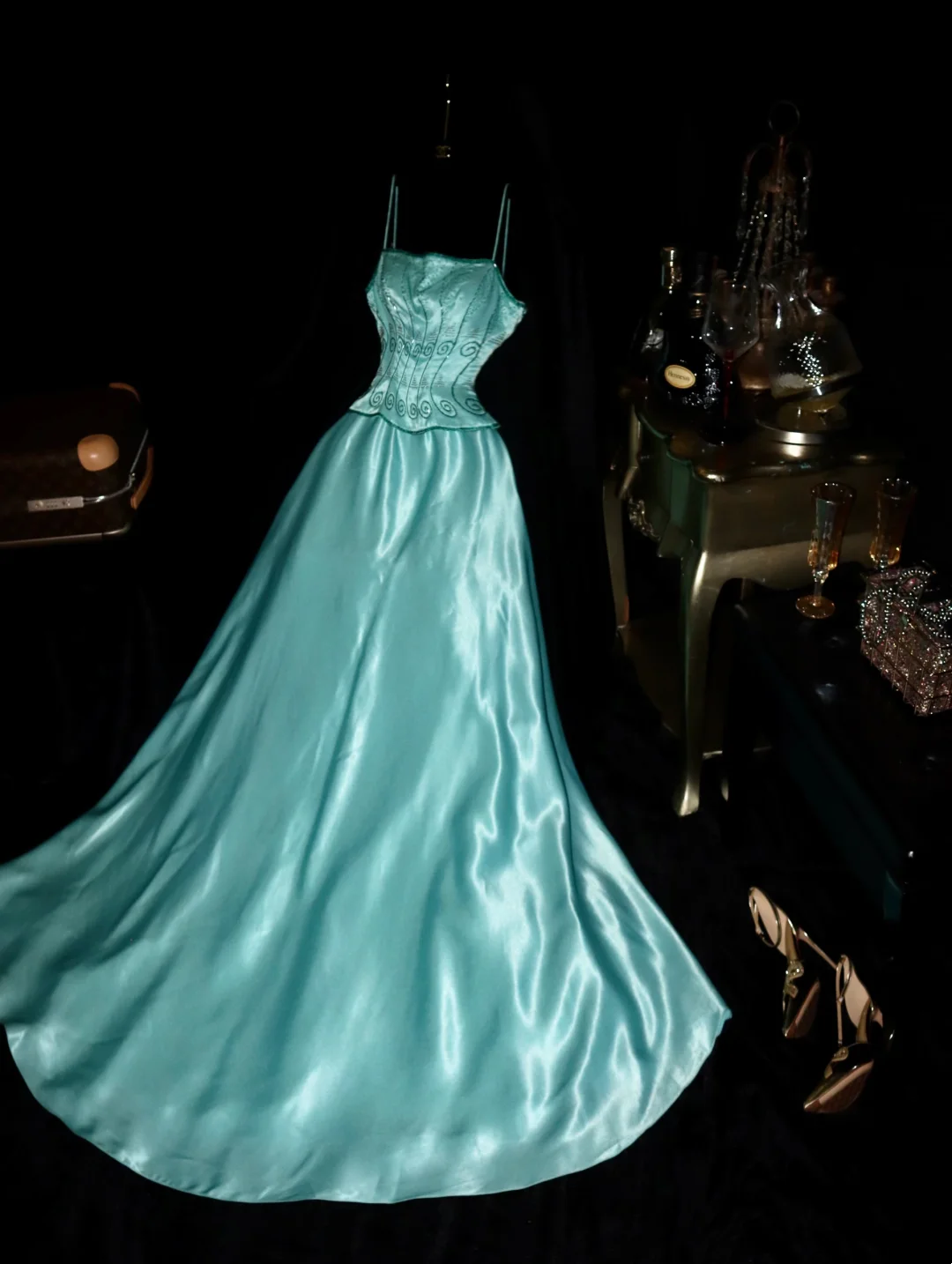 Blue Satin Long Prom Dress Beaded Vintage Birthday Outfit fg8276