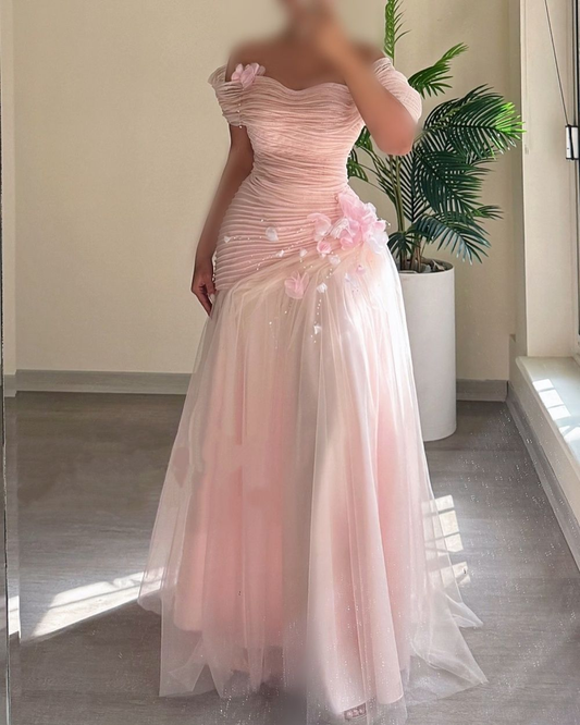 Fashion Classic Tulle Flower A-Line Off-The-Shoulder Long Prom Dresses fg8283