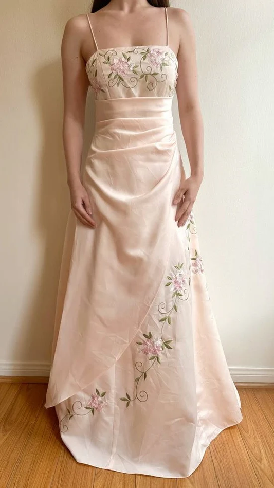 Elegant Champagne Floral Embroidery Long Prom Dresses School Event Dress fg8289