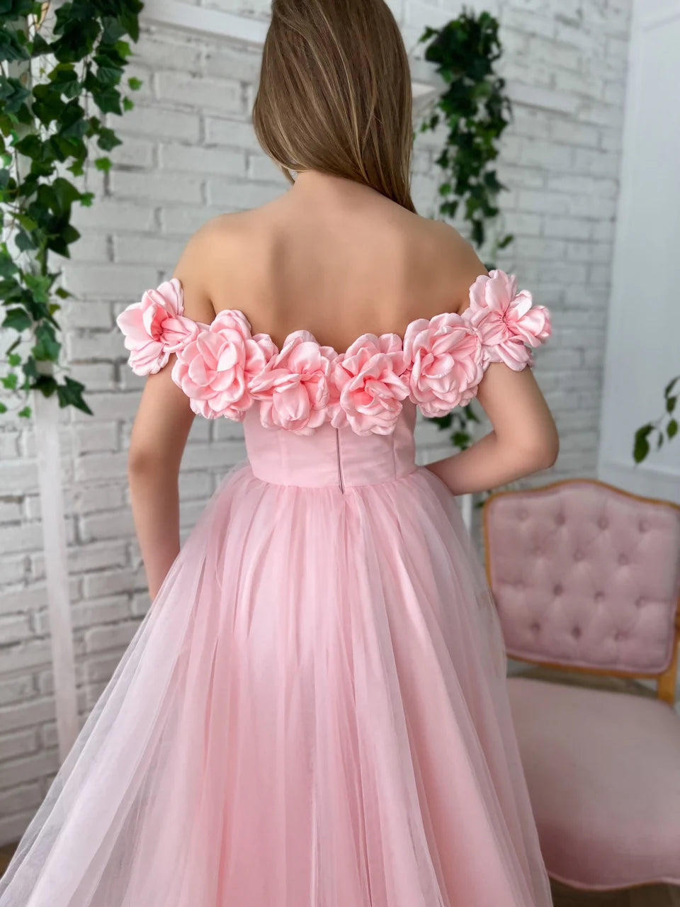 Robe de bal à fleurs roses, robe de soirée à épaules dénudées, longue robe de bal en tulle fg4679