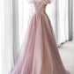 Pink Tulle Long A-line Prom Dress, Lovely Off the Shoulder Evening Dress      fg4311