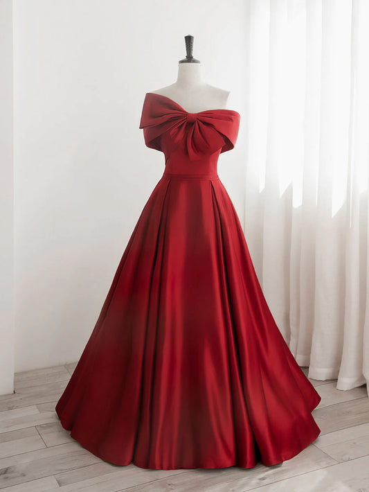 A-Line Satin Red Long Prom Dresses, Red Long Formal Dresses     fg4359