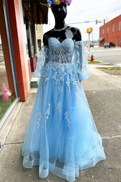 Blue Floral Lace Sweetheart A-Line Prom Gown with Sleeves     fg4213
