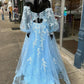 Blue Floral Lace Sweetheart A-Line Prom Gown with Sleeves     fg4213