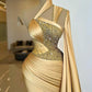 Gold Sparkle Crystals Sequins Beading Evening Dresses Arabic Aso Ebi Unique One Shoulder With Wrap Prom Party Gowns       fg4157
