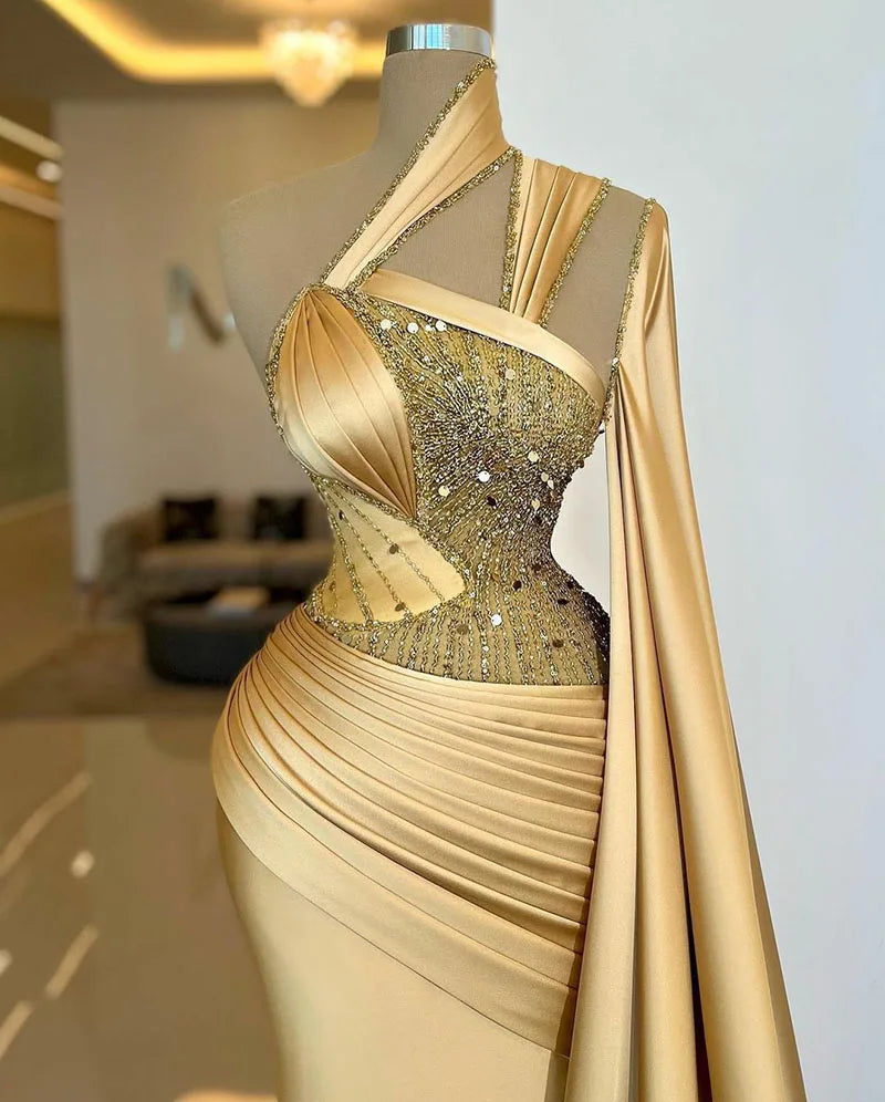 Gold Sparkle Crystals Sequins Beading Evening Dresses Arabic Aso Ebi Unique One Shoulder With Wrap Prom Party Gowns       fg4157