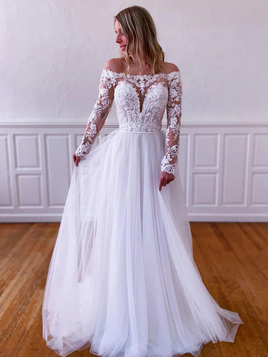 White lace tulle long prom dress, white lace tulle evening dress    fg3859
