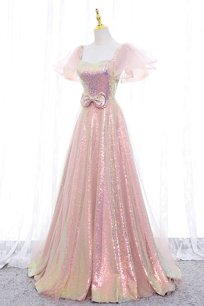 Pink Tulle Sequins Long Prom Dress, Cute Short Sleeve Evening Dress     fg4122